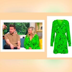 “DONATED” Karen Millen, Green Floral Long Sleeve Mini Faux Wrap Dress, UK 12/US8